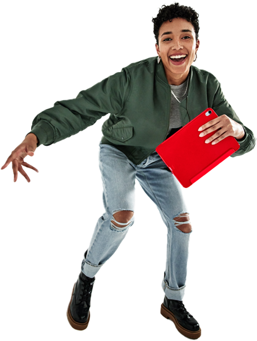 Person holding ipad and striking a pose.